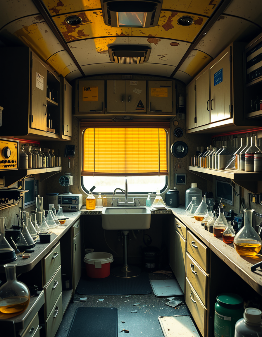 The interior of an old RV converted into a clandestine drug laboratory, inspired by the TV series Breaking Bad. The space is cramped and messy, filled with scientific equipment, glass beakers, flasks, burners, chemical containers, and lab tools scattered around. The walls are aged and stained, with peeling wallpaper and old metallic cabinets. A small sink area is cluttered with dirty lab glassware. The lighting is dim and tinted yellow, with sunlight barely filtering through dusty blinds. The floor is grimy, with a mix of rubber mats and worn carpet. The overall atmosphere is tense and gritty, capturing a sense of secrecy and danger. Hyper-realistic style, cinematic composition, rich in textures and shadows.
<lora:SDXLFaeTastic2400:0.4> <lora:extremely_detailed:0.4> extremely detailed,<lora:old_RV_drug_l4b0r4t0ry:1>,old RV drug l4b0r4t0ry, Masterpiece,best quality,hi res,8k,hi res,8k,award winning,(sharp focus, intricate, highly detailed),