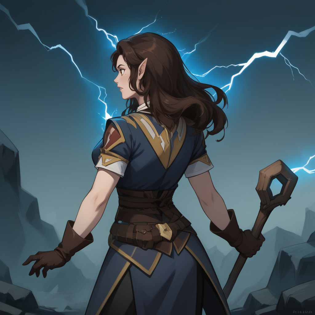 score_9, score_8_up, score_7_up, cowboy shot, 3/4 view, from behind, facing away, dutch angle, 1girl, <lora:Octavia_Pathfinder_Kingmaker_PXL:1> octavia_kingmaker, long hair, wavy hair, dynamic pose, standing, on cliff, holding, holding staff, arm raised, hand up, lightning effects, bolts of lightning, lightning bolt, lightning aura, windswept hair BREAK outdoors, thunderstorm, storm clouds, heavy wind, storm