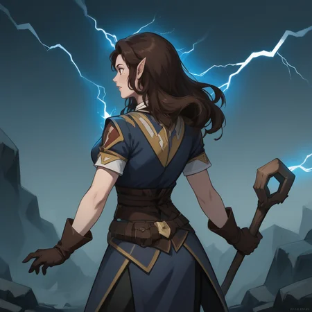 score_9, score_8_up, score_7_up, cowboy shot, 3/4 view, from behind, facing away, dutch angle, 1girl, <lora:Octavia_Pathfinder_Kingmaker_PXL:1> octavia_kingmaker, long hair, wavy hair, dynamic pose, standing, on cliff, holding, holding staff, arm raised, hand up, lightning effects, bolts of lightning, lightning bolt, lightning aura, windswept hair BREAK outdoors, thunderstorm, storm clouds, heavy wind, storm