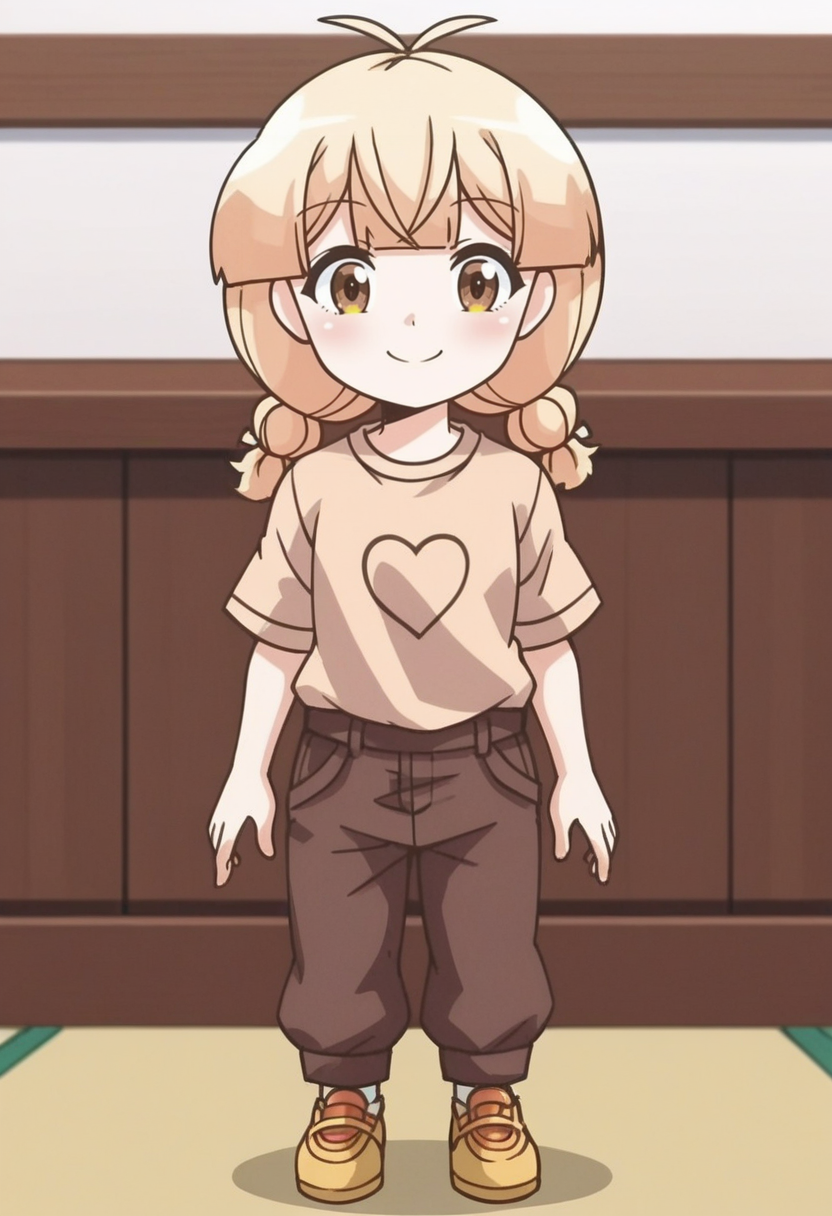 source_anime,anime screencap, anime coloring,intricate details,rating_safe, masterpiece, best quality,
(best quality, absurd res, ultra detailed),,(4 finger:0.5),1girl, ((solo)), good eyes,perfect eyes,,detailed eyes, zPDXLxxx , zPDXL3,detailed, detailed face
BREAK
solo,indoors,standing,front view,full body,
hawa, brown eyes, blonde hair, twin braids, antenna hair,t-shirt, brown pants,
smile,happy,closed mouth,
, <lora:add-detail-xl:2>  <lora:hawa:0.8>