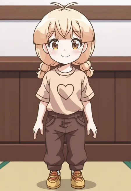 source_anime,anime screencap, anime coloring,intricate details,rating_safe, masterpiece, best quality,
(best quality, absurd res, ultra detailed),,(4 finger:0.5),1girl, ((solo)), good eyes,perfect eyes,,detailed eyes, zPDXLxxx , zPDXL3,detailed, detailed face
BREAK
solo,indoors,standing,front view,full body,
hawa, brown eyes, blonde hair, twin braids, antenna hair,t-shirt, brown pants,
smile,happy,closed mouth,
, <lora:add-detail-xl:2>  <lora:hawa:0.8>