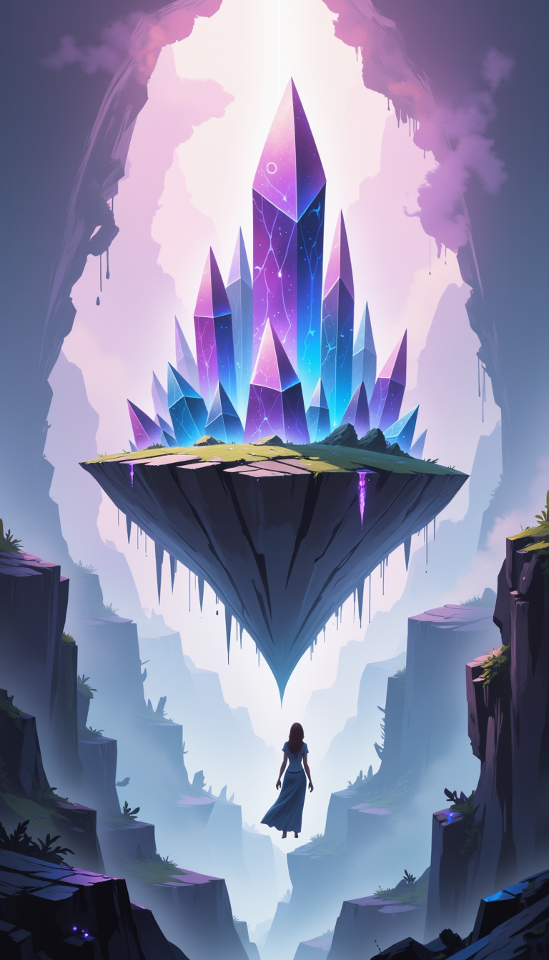 Floating island, enormous crystal formations, glowing with iridescent colors, misty atmosphere, wraithlike figure on a foggy bridge, connecting to the island, ethereal, intricate patterns on crystal, soft glowing light, pastel colors, watercolor style, dramatic clouds, mysterious and enchanting, concept art, wallpaper, illustration, artstation