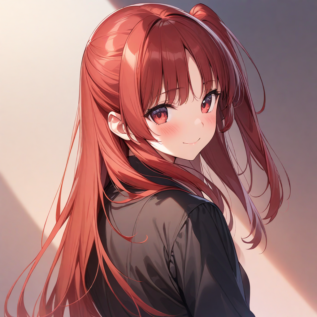 (masterpiece),(best quality),(ultra-detailed),(best illustration),(best shadow),(absurdres),(detailed background),(very aesthetic), chtholly(sukasuka), 1girl, solo, red eyes, smile, long hair, red hair, looking at viewer, bangs, closed mouth, looking back, blush, one side up, black jacket, gradient background, upper body, jacket <lora:XL-Chtholly:1>