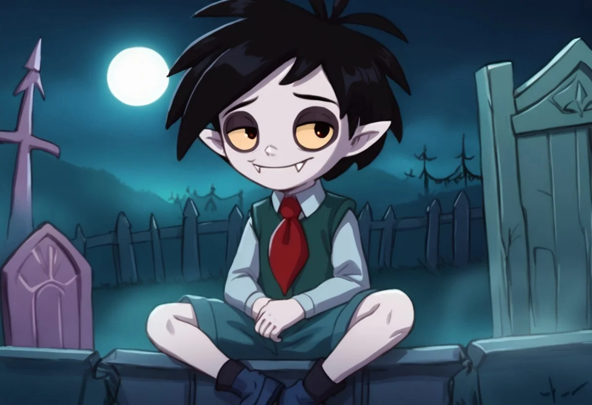 1boy, solo, 1boy, solo focus, Oskar, pale skin, Black Hair, Pointed Ears, Fangs, red necktie, vest, shorts, small smile, sitting a in graveyard, full moon, light fog