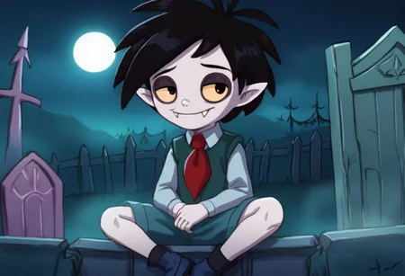 1boy, solo, 1boy, solo focus, Oskar, pale skin, Black Hair, Pointed Ears, Fangs, red necktie, vest, shorts, small smile, sitting a in graveyard, full moon, light fog