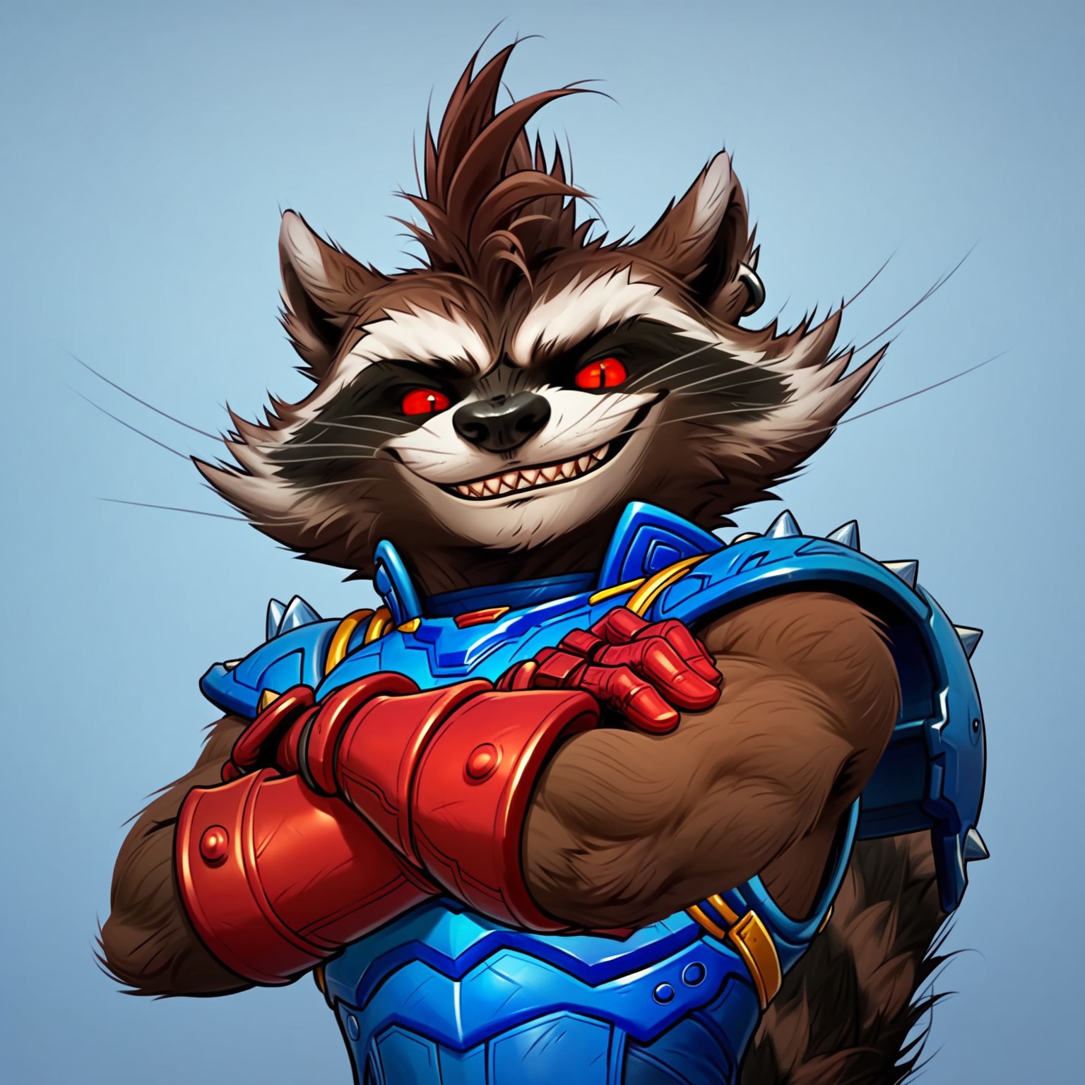 score_9, score_8_up, score_7_up, Expressiveh, masterpiece, best quality, highly detailed, realistic, (zPDXL3), 1boy, solo, (RRMR, fufurry, anthro, raccoon, procyonid, brown body, brown fur, red sclera, red eyes, black nose, whiskers, fluffy tail, sharp teeth, fangs), upper body, blue armor, clothed, (blue background, simple background), closed mouth, looking at viewer, smile, arms crossed, red gloves
