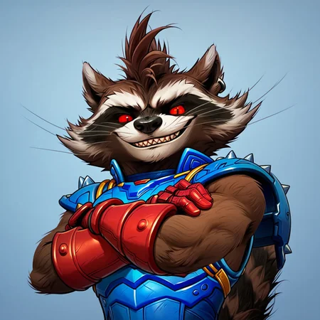 score_9, score_8_up, score_7_up, Expressiveh, masterpiece, best quality, highly detailed, realistic, (zPDXL3), 1boy, solo, (RRMR, fufurry, anthro, raccoon, procyonid, brown body, brown fur, red sclera, red eyes, black nose, whiskers, fluffy tail, sharp teeth, fangs), upper body, blue armor, clothed, (blue background, simple background), closed mouth, looking at viewer, smile, arms crossed, red gloves