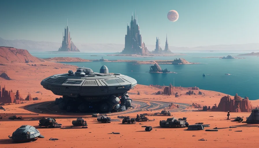 a science fiction spaceship fighting in deep space ian mcque, trending on artstation. 4 k concept matte painting with oil paint and color palette of a sci - fi battle scene by mike winkelmann rendered as an isometric perspective for the earth's surface from another planet to be seen through pov! : 5 alien landscape | epic fantasy scifi movie still frame: 1 / 8 distance :1.4,