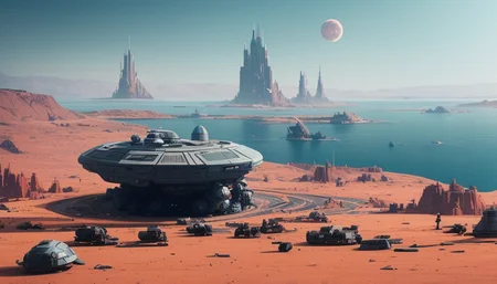 a science fiction spaceship fighting in deep space ian mcque, trending on artstation. 4 k concept matte painting with oil paint and color palette of a sci - fi battle scene by mike winkelmann rendered as an isometric perspective for the earth's surface from another planet to be seen through pov! : 5 alien landscape | epic fantasy scifi movie still frame: 1 / 8 distance :1.4,