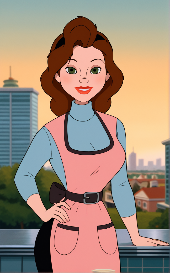 score_9, score_8_up, score_7_up, absurdres, contrapposto, hand on hip, sunset, sidelighting, cityscape, vanishing point, outdoors, depth of field, solo, looking at viewer, <lora:PONYXL_IronGiant_AnnieHughes_ownwaifu:1>, BREAK BlueShirt_AnnieHughes_ownwaifu, 1girl, apron, black belt, black hairband, black pants, blue shirt, blue sweater, breasts, brown apron, brown hair, curly hair, eyeshadow, green eyes, large breasts, leggings, lips, lipstick, long hair, long sleeves, makeup, mature female, nose, pink apron, pocket, red lips, turtleneck,  turtleneck sweater,<lora:add-detail-xl:0.15>,
