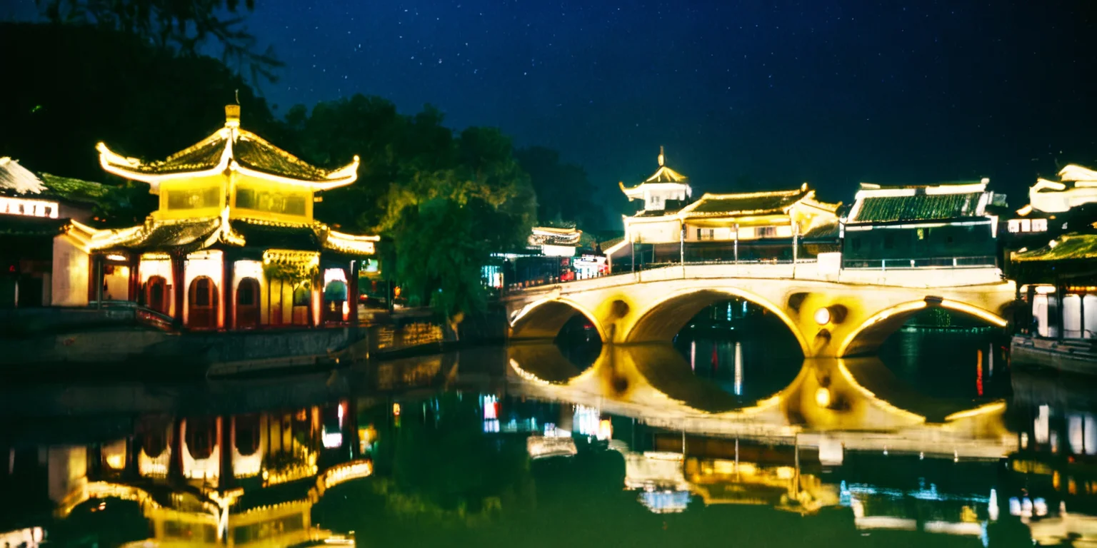 4k,realistic,photograph,analog film photo Deep photo,ferrania p30 film,Kodachrome,grainy,chinese style,,night,
a beautiful chinese town,trees,river,bridge,
east asian architecture,<lora:east_asian_architecture:0.85>,