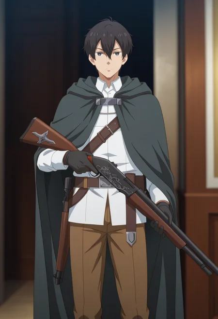 masterpiece, best quality, amazing quality,high resolution,intricate details,official style,depth of field anime coloring , , , 1boy, solo, male focus,  <lora:Leon_Fou_Bartfort:0.87>,leon fou batfort,black eyes,black hair,short hair,expressionless ,gloves, holding,gun,rifle,shotgun,hair between eyes, standing, black gloves,upper belt,turtleneck,white shirt,collared shirt,brown pants,accessory,leather,cloak,hooded cloak