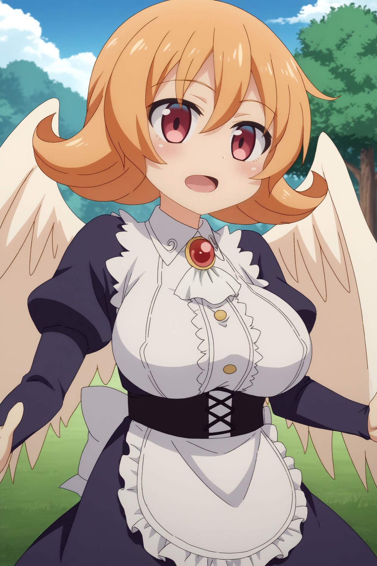 Meidri, wings, solo, anime coloring,  rating_safe, outdoors, French Maid Costume <lora:Ishuzoku_Reviewers-Meidri-PDXL:0.8>