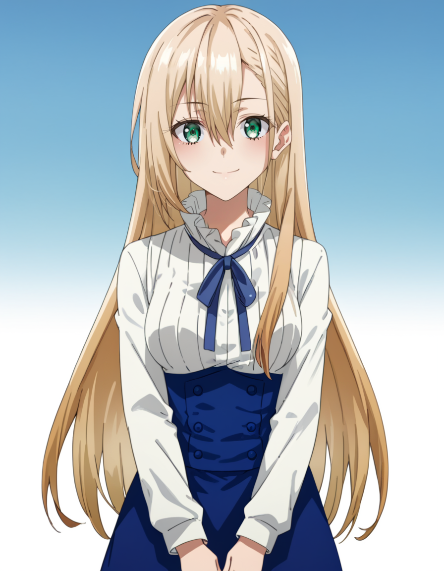 score_9, score_8_up, score_7_up, source_anime, BREAK 
1girl, solo, looking at viewer, cowboy shot, light smile, gradient background,
primula mallow (around 40 otoko no isekai tsuuhan), long hair, blonde hair, gradient hair, hair between eyes, green eyes, (blue eyes:0.4),
white blouse, blue neck ribbon, long sleeves, blue dress,
<lora:primula_mallow-around_40_otoko_no_isekai_tsuuhan-pxl-anime-soralz:1>