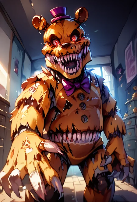 score_9, score_8_up, score_7_up,,  good quality ,, character focus, solo, , best quality , detailed background,  <lora:fredmare-07:1> fredmare, purple top hat, , teeth, no humans, purple bowtie, sharp teeth, claws, red eyes, bear, mini hat, , simple   <lora:SpellBindPony:1> spell bind