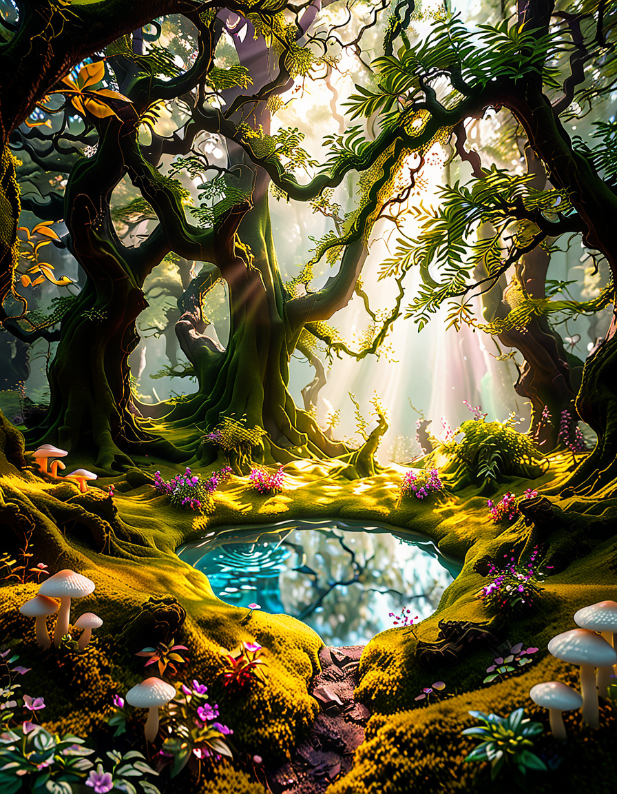A magical, enchanted forest,3nch4nt3d f0r3st bathed in soft, ethereal light. Towering ancient trees with twisted, gnarled branches stretch towards the sky, their leaves glowing faintly with bioluminescent hues of green and blue. The forest floor is lush with vibrant moss and scattered with luminous mushrooms of various colorsâpink, purple, and orangeâthat emit a soft, otherworldly glow. Golden and purple light filters through the dense canopy above, casting dappled patterns on the ground.
In the heart of the scene, a small, glowing orb hovers just above the moss, radiating warmth and subtle sparkles. Fireflies drift lazily through the air, leaving faint trails of light behind them. The atmosphere feels mystical and serene, as if this forest is alive with ancient magic. The overall lighting is dreamy, with a harmonious blend of soft pink, purple, and green tones that enhance the enchanted quality of the scene..<lora:SDXLFaeTastic2400:0.4> <lora:extremely_detailed:0.4> extremely detailed, <lora:3nch4nt3d_f0r3st:1>, Masterpiece,best quality,hi res,8k,hi res,8k,award winning,(sharp focus, intricate, highly detailed),
