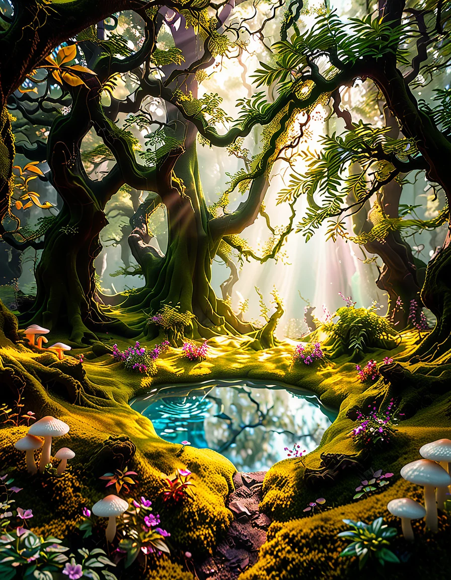 A magical, enchanted forest,3nch4nt3d f0r3st bathed in soft, ethereal light. Towering ancient trees with twisted, gnarled branches stretch towards the sky, their leaves glowing faintly with bioluminescent hues of green and blue. The forest floor is lush with vibrant moss and scattered with luminous mushrooms of various colors—pink, purple, and orange—that emit a soft, otherworldly glow. Golden and purple light filters through the dense canopy above, casting dappled patterns on the ground.
In the heart of the scene, a small, glowing orb hovers just above the moss, radiating warmth and subtle sparkles. Fireflies drift lazily through the air, leaving faint trails of light behind them. The atmosphere feels mystical and serene, as if this forest is alive with ancient magic. The overall lighting is dreamy, with a harmonious blend of soft pink, purple, and green tones that enhance the enchanted quality of the scene..<lora:SDXLFaeTastic2400:0.4> <lora:extremely_detailed:0.4> extremely detailed, <lora:3nch4nt3d_f0r3st:1>, Masterpiece,best quality,hi res,8k,hi res,8k,award winning,(sharp focus, intricate, highly detailed),