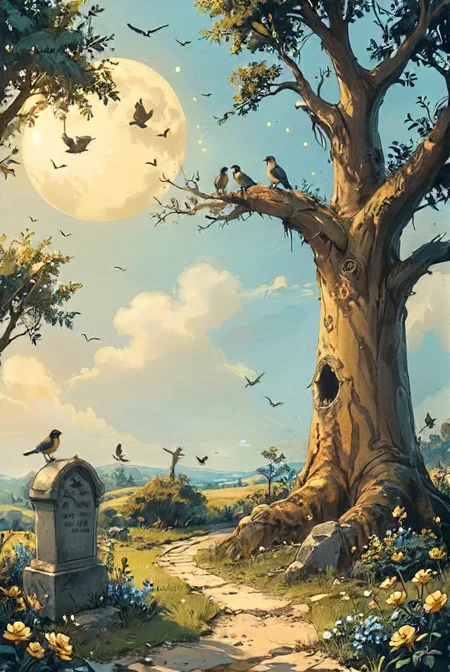 don't you stand by my grave, don't you stand there and cry, i'm the trees and the birds, the soft stars that shine at night,<lora:Street_Art:0.4>, <lora:Desolation:0.2>, <lora:Illustration_Insanity:0.3>, <lora:XSfenlie:0.4>  <lora:lora:0.8>  <lora:StorybookRedmondV2-KidsBook-KidsRedmAF:0.8> <lora:SDXL - Style - EldritchMixIllustration_1.1:0.8>