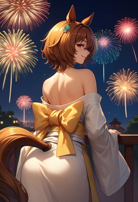 score_9, score_8_up, score_7_up, source_anime, from behind, solo, 1girl, agnes tachyon, smile, looking back, horse ears, white kimono, off shoulder, yellow sash, single earring, horse tail, bare shoulders, fireworks <lora:umamusume_agnestachyon_ponyXL:1>