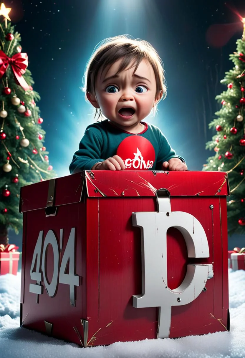 (("404" text logo:3) in large prominent font, centered in a box held by crying child), child holding box with text while crying, red 3d lettering, "404" glowing, ominous flashing light, shadows, ray traced, Christmas tree background dof