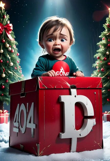 (("404" text logo:3) in large prominent font, centered in a box held by crying child), child holding box with text while crying, red 3d lettering, "404" glowing, ominous flashing light, shadows, ray traced, Christmas tree background dof