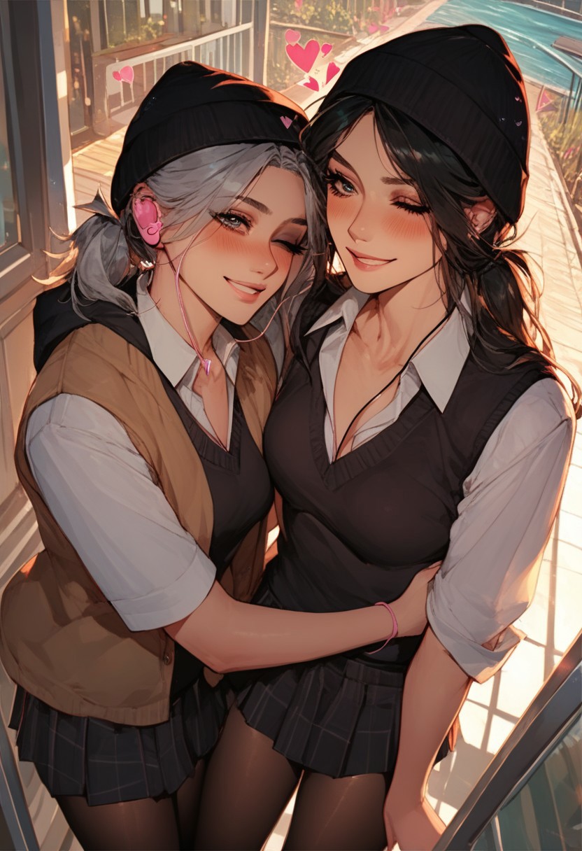 (score_9, score_8_up, score_7_up, score_6_up), dynamic angle, beautiful, source_anime, (anime style:1.1), 2girls, in school, school uniform, cute girls, depth of field, sunlight, different hair styles 
BREAK
(First Girl, (normal girl:1.2, (Long Carly hair, silver hair:1.2), ponytail, breasts, rounded breast, miniskirt and shirt (collared shirt) and vest, smirk, blushing, pantyhose, sneakers, earphones)
BREAK 
(Another second girl, emo girl, hugging her from behind, one eye closed, love, hearts, (short black hair:1.1), beanie and hood jacket)