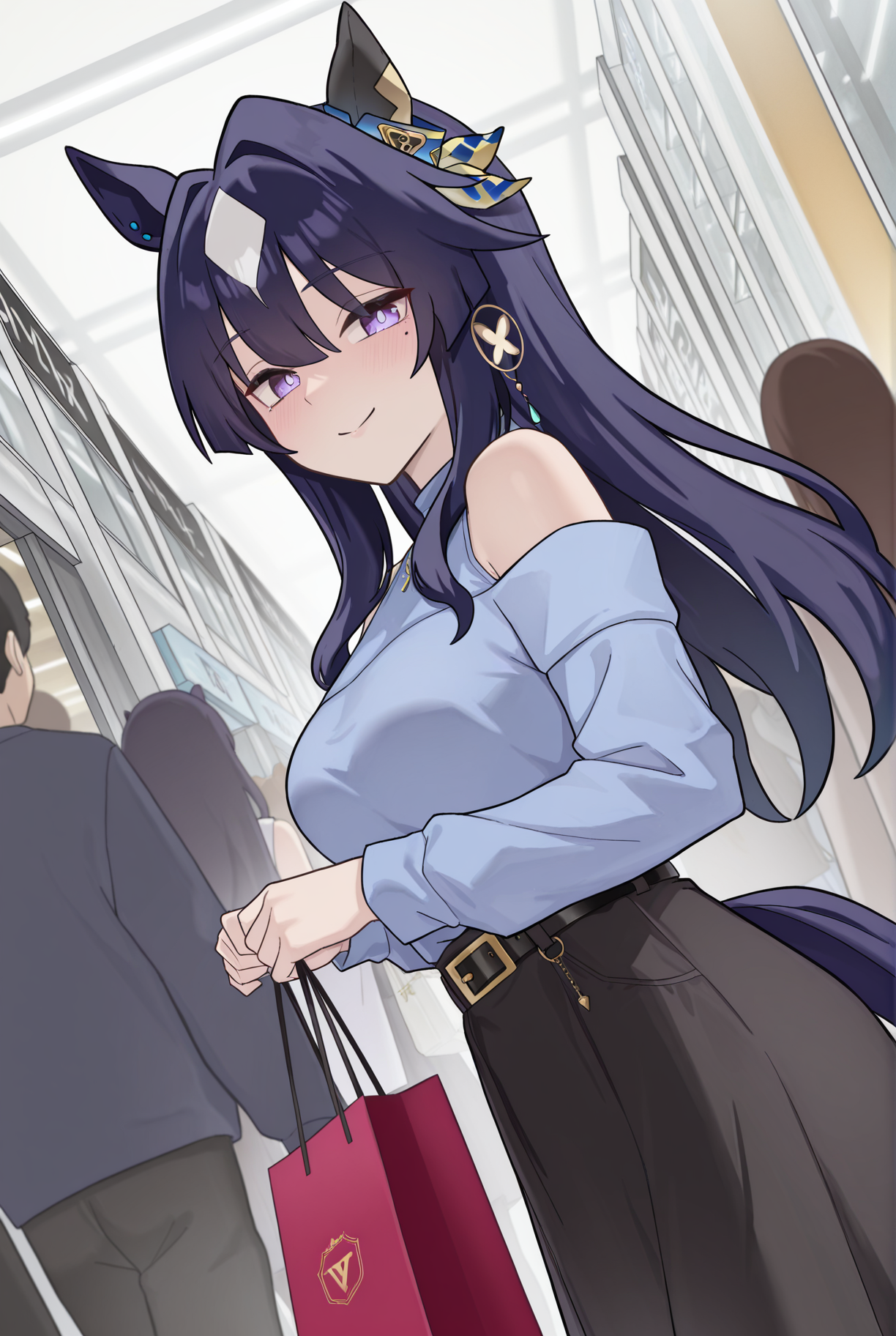 (masterpiece, best quality, ultra detailed), (perfect face, detailed face), Aza style
newest,absurdres,highres, newest,very awa, anime, (dutch angle:1.4),
mall, side view, shopping bag, shopping, people on background, happy,
casual,bare shoulders,belt,black belt,black skirt,buckle,jewelry,long sleeves,off shoulder,blue shirt,shirt,shoulder cutout,skirt,
verxina \(umamusume\), horse ears, animal ears, horse girl, long hair, hair between eyes, dark blue hair, mole under eye, purple eyes, horse tail, blue eyes, <lora:Verxina:0.8> <lora:Aza_style-000008:1>