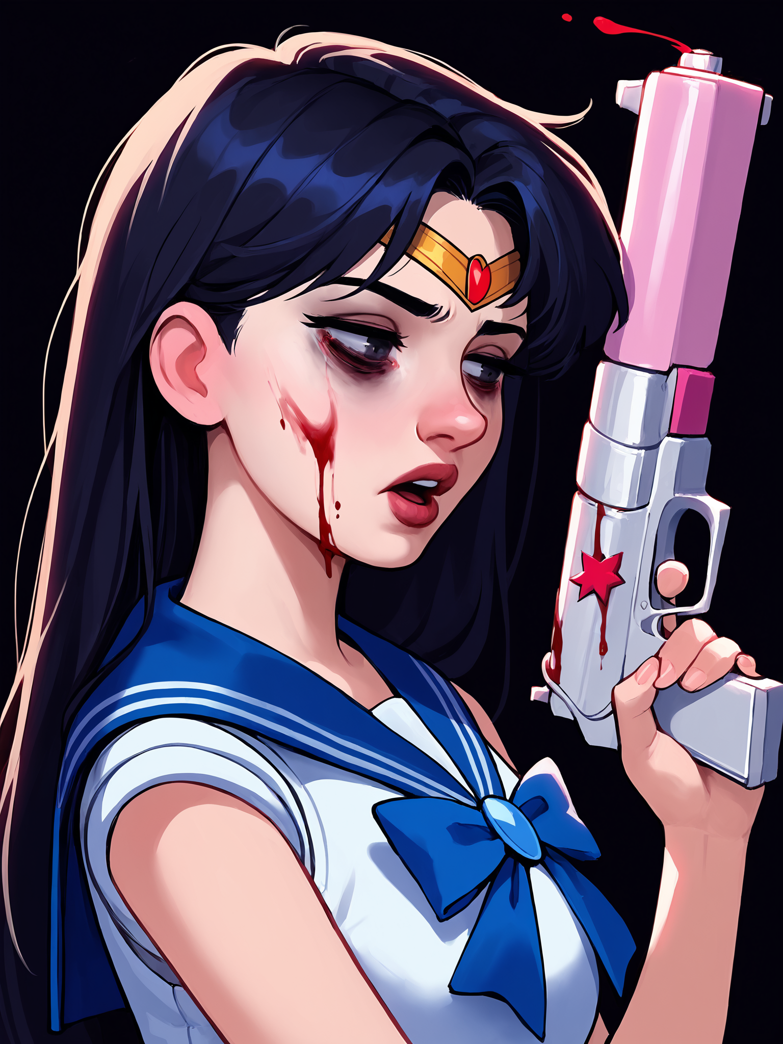 score_9, score_8_up, score_7_up, score_6_up, score_5_up, score_4_up, rating_safe
BREAK
sailor mars, circlet, black hair, black eyes, looking away, tired, half-closed eyes, bags under eyes, sigh, open mouth, looking down, blood on face, blood splatter,
BREAK
solo, portrait, magical girl, red serafuku, from side, holding gun, handgun, blood on weapon,
BREAK
black background, <lora:Lunas-AromaSensei-SDXL-B1:1>