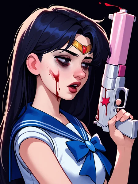 score_9, score_8_up, score_7_up, score_6_up, score_5_up, score_4_up, rating_safe
BREAK
sailor mars, circlet, black hair, black eyes, looking away, tired, half-closed eyes, bags under eyes, sigh, open mouth, looking down, blood on face, blood splatter,
BREAK
solo, portrait, magical girl, red serafuku, from side, holding gun, handgun, blood on weapon,
BREAK
black background, <lora:Lunas-AromaSensei-SDXL-B1:1>