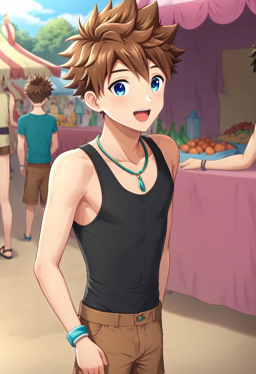 okada_zenya, brown hair, spiky hair, blue eyes, solo focus, 1boy, solo, necklace, hand band, black tank top, brown shorts, full body, outdoor, sunny day, market in the background