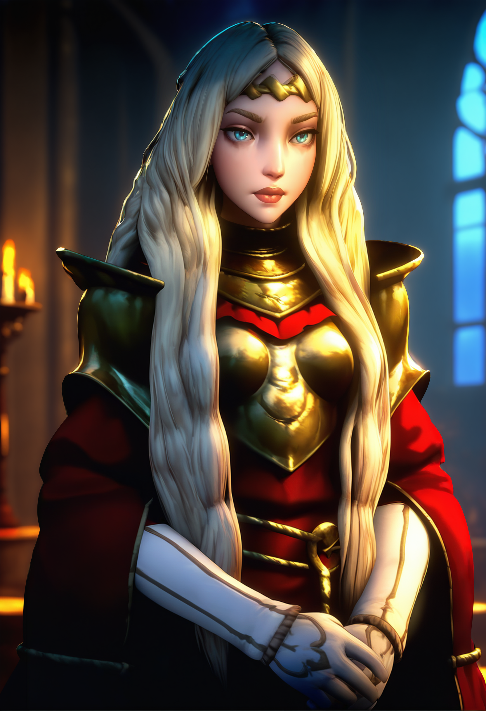 masterpiece, good quality, best quality, absurdres, highres, official art, game cg, anime screenshot, cinematic lighting, Sel1ne, 3d, 1girl, solo, blue eyes, long hair, blonde hair, lips, circlet, red cloak, armor, pauldrons, breastplate, rerebrace, white gloves, cowboy shot, standing, <lora:Sel1ne:1>