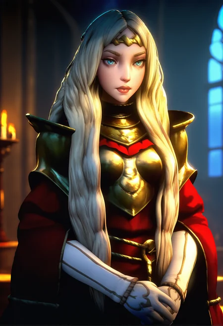 masterpiece, good quality, best quality, absurdres, highres, official art, game cg, anime screenshot, cinematic lighting, Sel1ne, 3d, 1girl, solo, blue eyes, long hair, blonde hair, lips, circlet, red cloak, armor, pauldrons, breastplate, rerebrace, white gloves, cowboy shot, standing, <lora:Sel1ne:1>