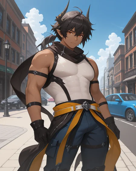 masterpiece,best quality,amazing quality, newest, very aesthetic, absurdres,
1boy, solo, yaoi, male focus, looking at viewer, cowboy shot, standing,
<lora:Sol_Limit_Break:1> lbsol, dark skin, horns, dark-skinned male, pointy ears, black hair, orange eyes, muscular male, hair between eyes, ponytail,
white shirt, jeans, sneakers,
outdoors, day, blue sky, building, street, road, lamppost, car,