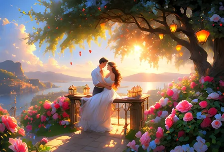 (a high quality, romantic photo of "Lovers’ Landscapes: Weave the beauty of nature with the essence of romance, crafting scenes where every sunset and blossoming garden tells a love story", featuring a captivating background that exudes love and serenity. The landscapes should be lush, vibrant, and brimming with romantic elements. The essence of love should be palpable, evoking warm feelings and tender emotions. Include hearths that symbolize the flame of passion, roses that signify love and admiration, and love flowers that represent affection and tenderness. The overall composition should be a perfect blend of nature's beauty and the magic of romance, immersing the viewer in a world where love blooms like the most exquisite flowers.), (((masterpiece, extremely detailed, focused flash photo, amazing quality, best quality, hyper detailed, ultra detailed , HDR, UHD,, dof, hyper-realism, majestic, awesome, inspiring, ray light, RAW photo, extremely details, stunning, high quality, photorealistic , beautiful, dramatic lighting, detailed atmosphere, intricately details, volumetric lighting, high resolution, 8k, ultra high definition, super sharp focus, great detail of textures))), 3DMM,