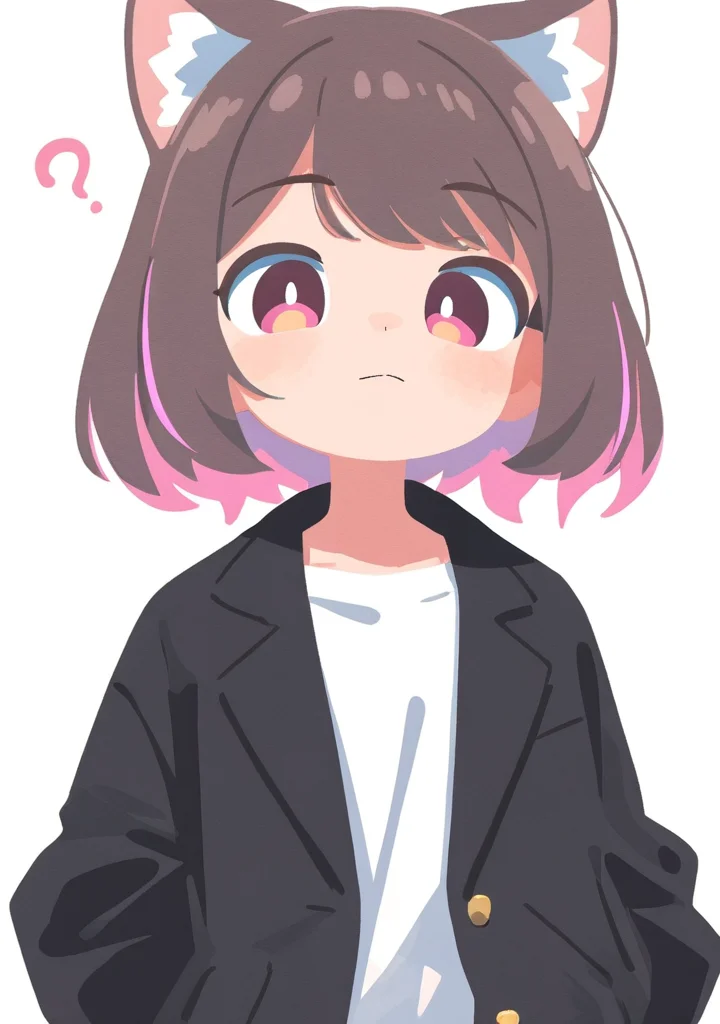 masterpiece, best quality, very aesthetic BREAK no lineart, 1girl, animal ears, cat ears, solo, animal ear fluff, looking at viewer, short hair, cat girl, white shirt, upper body, pink eyes, ?, bangs, multicolored hair, brown hair, closed mouth, black jacket, white background
<lora:noob05-shunsuke-unet only-feb25v4-step00002464:1>