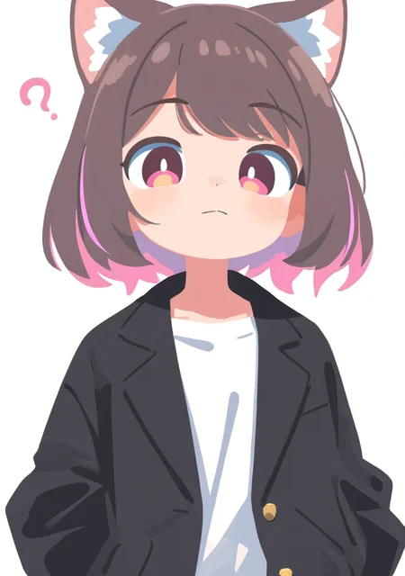 masterpiece, best quality, very aesthetic BREAK no lineart, 1girl, animal ears, cat ears, solo, animal ear fluff, looking at viewer, short hair, cat girl, white shirt, upper body, pink eyes, ?, bangs, multicolored hair, brown hair, closed mouth, black jacket, white background
<lora:noob05-shunsuke-unet only-feb25v4-step00002464:1>