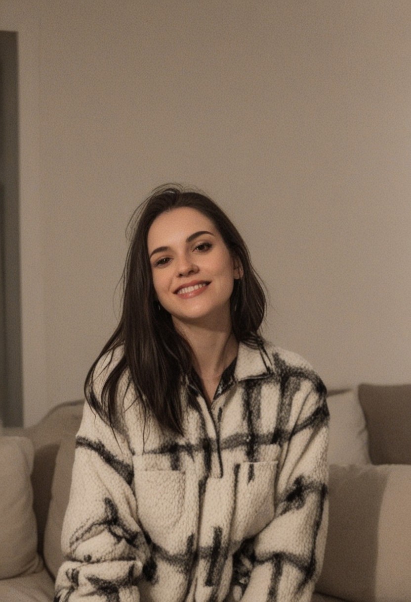 30yo woman wearing Plaid Polar Fleece Shacket with white textures 
long black dark hair slick back and smooth. Kissface. 
smile. Looking at camera. POV.
happy. 
Living room. Fully furnished.
Night time.
Portrait.