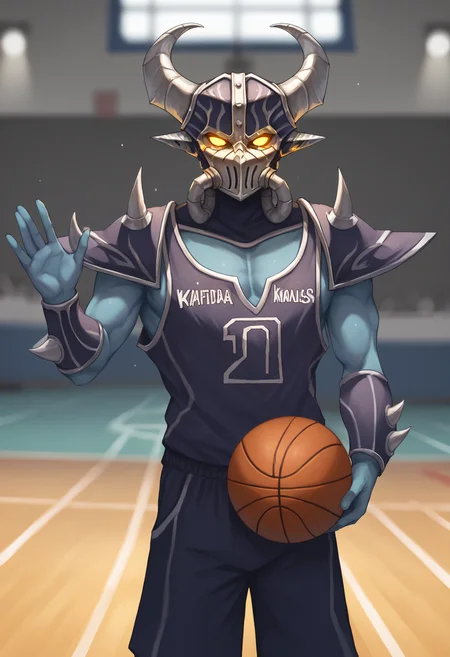 score_9, score_8_up, score_7_up, score_6_up, score_5_up, score_4_up, BREAK, kassadinpdxl, mask, 1boy, solo, armor, horns, yellow eyes, glowing eyes, no pupils, yellow sclera, helmet, spikes, blue skin, <lora:Kassadin:0.72>, basketball jersey, holding basketball, waving, blurred background,