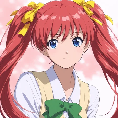 masterpiece,1girl,solo,looking at viewer,upper_body,portrait,<lora:Shoko_Sugimoto ag4o v1:1> shoko_sugimoto, red hair, twintails, hair ribbon, blue eyes,school uniform,