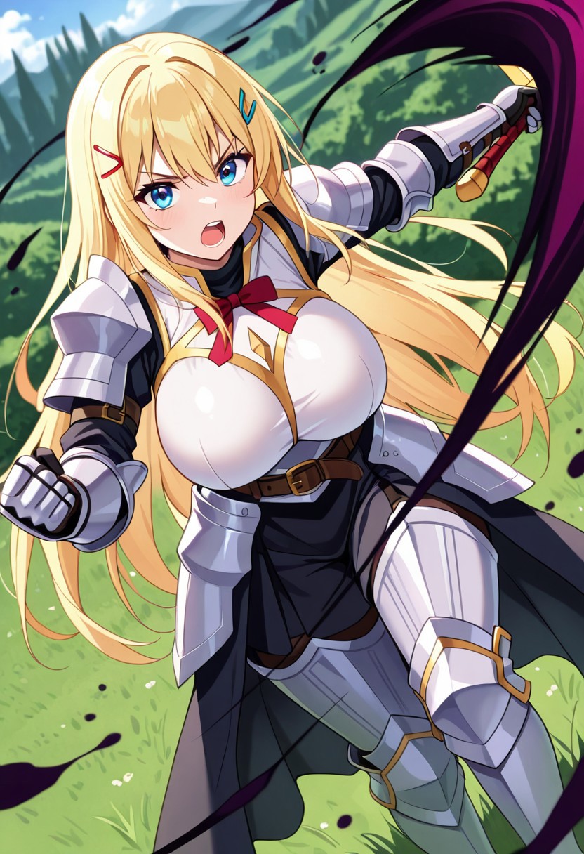 general,highres, ultra-detailed,very aesthetic,best quality ,best hands,best eyes,easynegative,
dynamic anglre, dutch angle, anime cloring,
1girl solo,looking at viewer,meadow,holding great sword,fighting,open mouth,
Darkness, blonde_hair, blue_eyes, hair clips,huge_breasts,long hair,knight costume,
