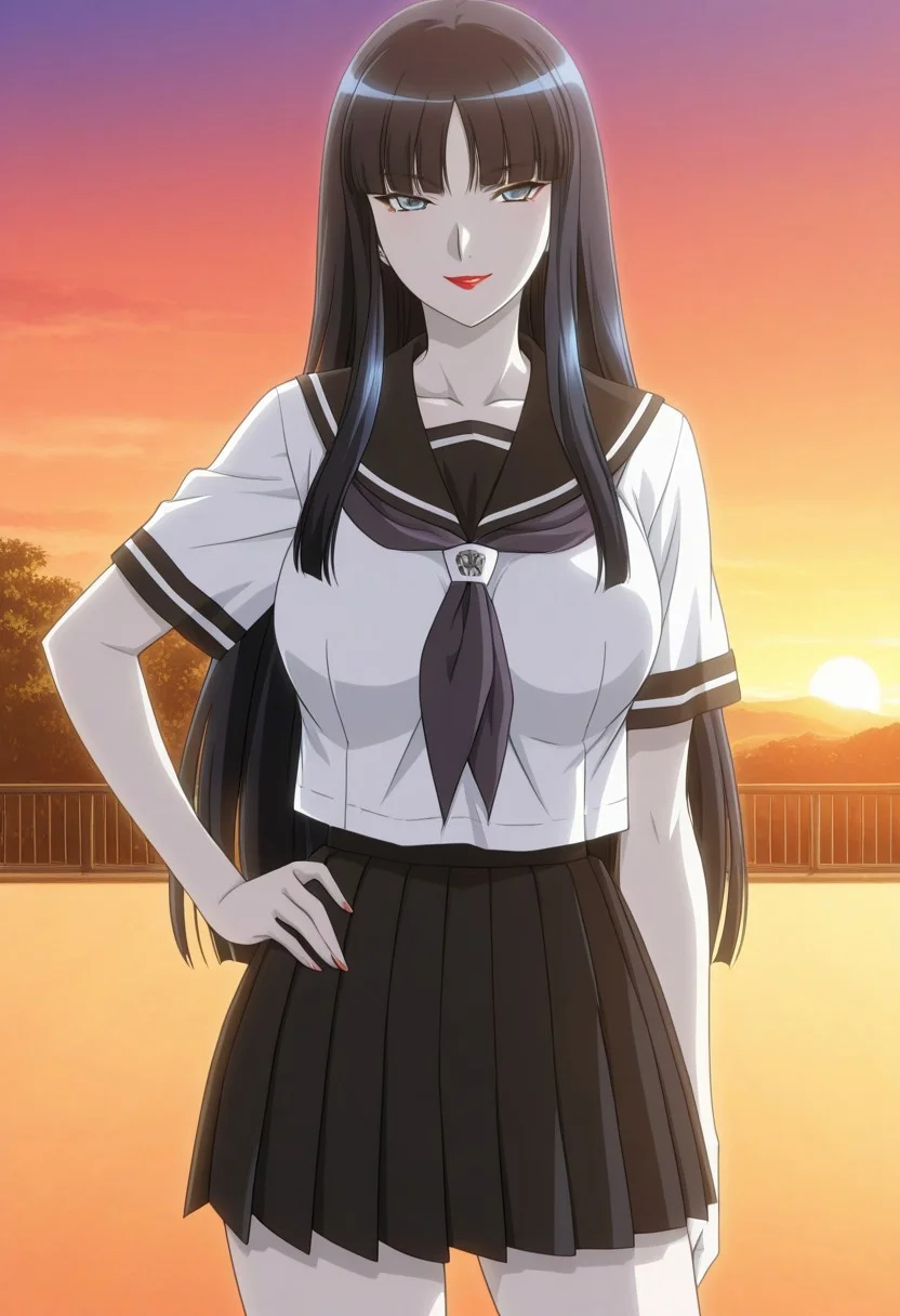 score_9, score_8_up, score_7_up, score_6_up, source_anime, 1girl, solo, female_focus, Reika_(Mashou no Kao /Two Facials of Eve/Nymphomania), sidelocks, very long hair, pale skin, hime cut, lipstick, collarbone, lips, large breasts, red lips, bangs, serafuku, blue eyes, black hair, makeup, school uniform, blunt bangs, right hand on hips, ((((((full_body)))))), smile, seductive gaze, looking at viewer, cowboy shot, ((outdoors, sunset)), Stable_Yogis_SD1.5_Positives, (masterpiece), (best quality), ((((dynamic pose)))), (anime screencap, anime coloring), (perfect anatomy), (best illustration), (best shadow),(absurdres),((((detailed background)))), ((((very aesthetic))))