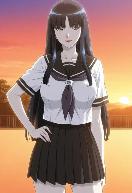 score_9, score_8_up, score_7_up, score_6_up, source_anime, 1girl, solo, female_focus, Reika_(Mashou no Kao /Two Facials of Eve/Nymphomania), sidelocks, very long hair, pale skin, hime cut, lipstick, collarbone, lips, large breasts, red lips, bangs, serafuku, blue eyes, black hair, makeup, school uniform, blunt bangs, right hand on hips, ((((((full_body)))))), smile, seductive gaze, looking at viewer, cowboy shot, ((outdoors, sunset)), Stable_Yogis_SD1.5_Positives, (masterpiece), (best quality), ((((dynamic pose)))), (anime screencap, anime coloring), (perfect anatomy), (best illustration), (best shadow),(absurdres),((((detailed background)))), ((((very aesthetic))))