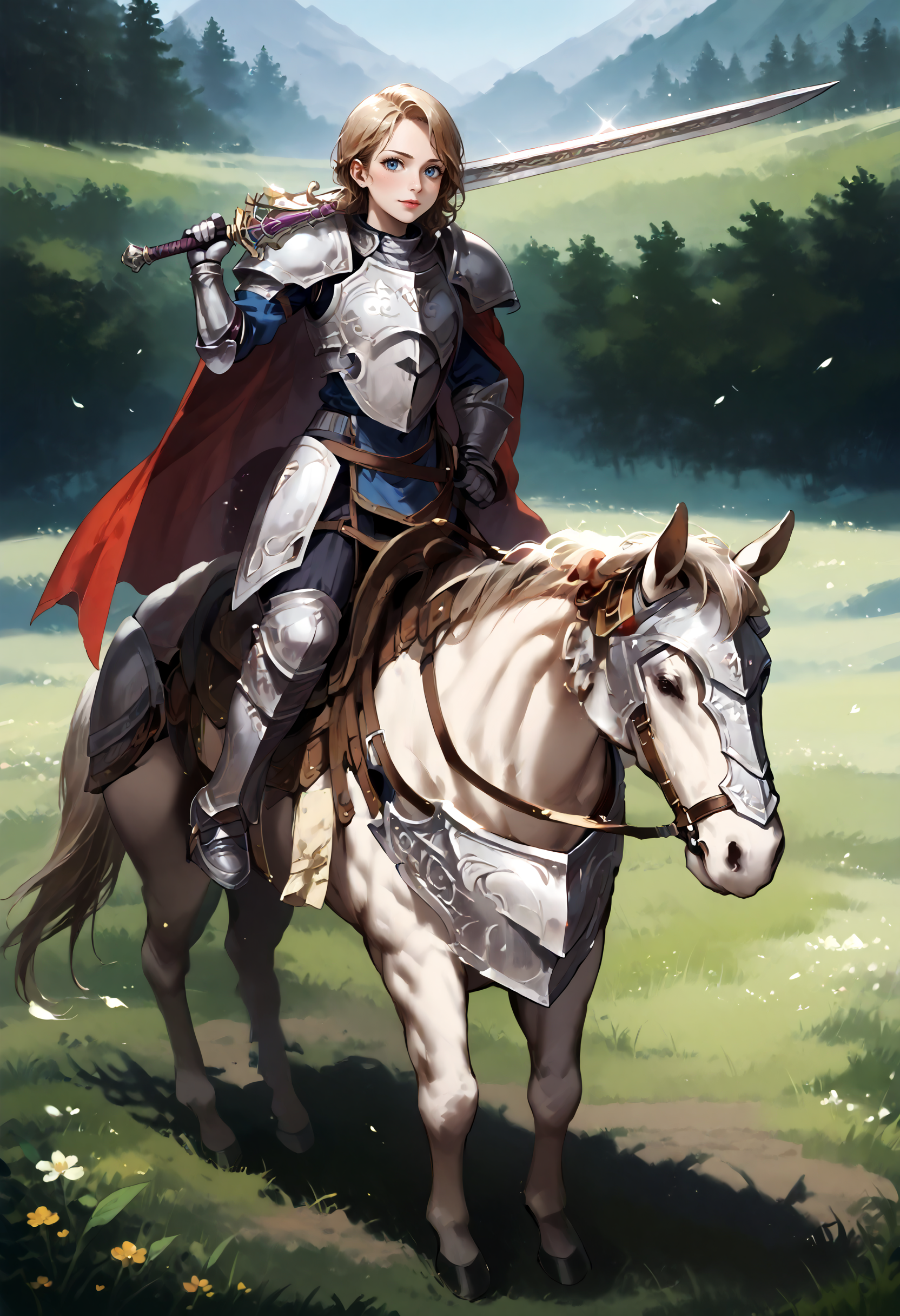 score_9,score_8_up,score_7_up,best quality,masterpiece,super detailed,extreme detailed,full_body,zPDXL BREAK (nature:1.1),(field:1.1),
<lora:Pony_DetailV2.0:1> BREAK 1girl,Cavalier,armor,cape,gloves,horse,horseback riding,holding sword,<lora:Cavalier-v2-pony:0.9>,