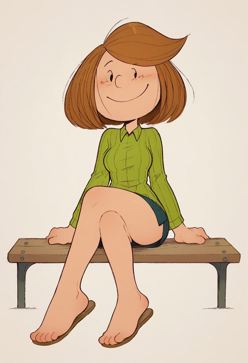 score_9, score_8_up, score_7_up, 1girl, cute, ppatty, sitting on bench, no sclera, black dot eyes, sexy, medium breasts, long legs,