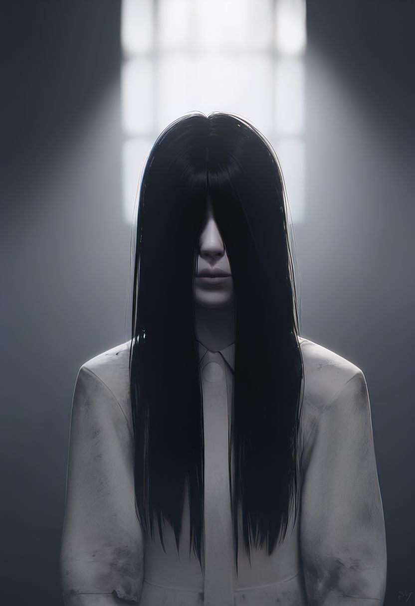 score_9, score_8_up, score_8, solo, portrait, (theonryoxl), long black hair,pale skin,hair over face, dirty white dress,long sleeves, standing, dark room,dim lighting