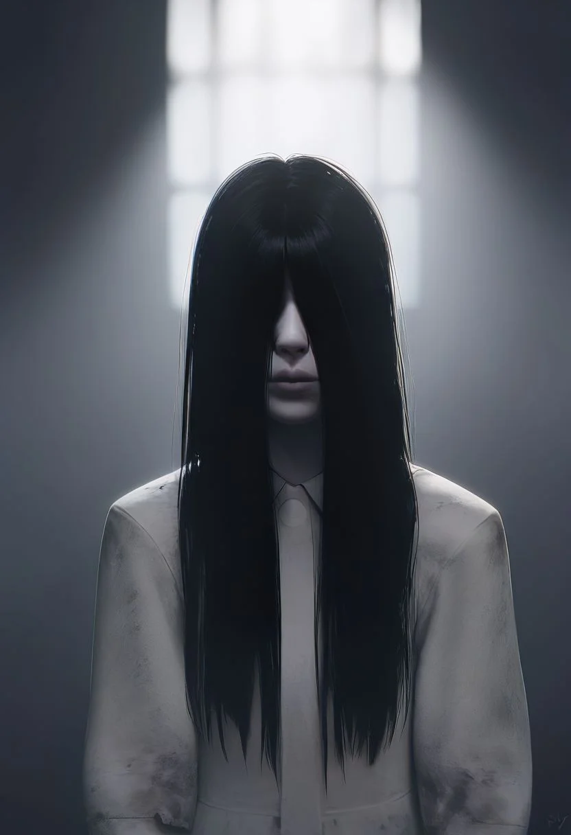 score_9, score_8_up, score_8, solo, portrait, (theonryoxl), long black hair,pale skin,hair over face, dirty white dress,long sleeves, standing, dark room,dim lighting