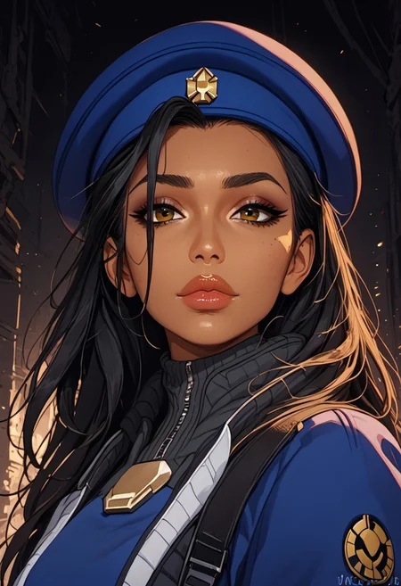 ((zPDXL3)), score_9, score_8_up, score_8, (SuperQuality:1.0) ~ (SuperQuality:1.2), Science Fiction, Star Wars, perfecteyes, ultra detailed, high resolution, high quality, masterpiece, intricate details, intricate body, intricate landscape, knva, Expressiveh, European Instagram Model, upper body shot, low light, dungeon, ruins, green glow, black background,
BREAK
1girl, solo, source_cartoon, mature female, 1girl, ana, solo, black hair, brown eyes, black hair, long hair, dark-skinned female, beret, beautiful, full lips, looking at viewer, closed mouth,