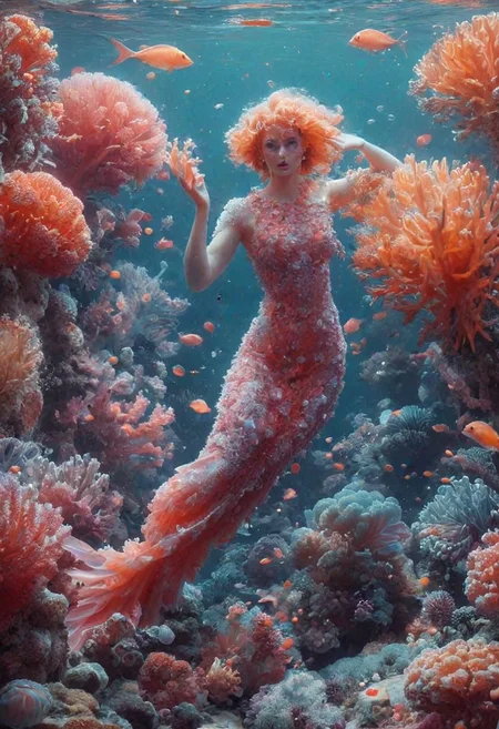 SimplePositiveXLv2 , A mermaid in the ocean swimming by colorful coral reefs