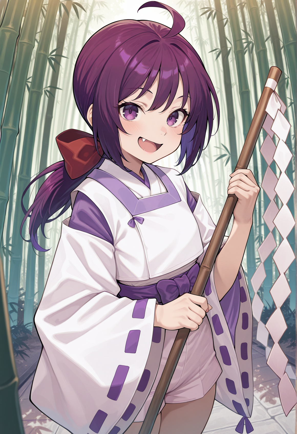 1girl, solo, long hair, purple hair, ahoge, low ponytail, ribbon, purple eyes, japanese clothes, wide sleeves, onmyouji, shorts, ribbon-trimmed sleeves, holding gohei, smile, open mouth, fang, outdoors, bamboo forest,  <lora:akari_ichijou_illus:1>, masterpiece, best quality, amazing quality, very aesthetic, absurdres, highres, newest