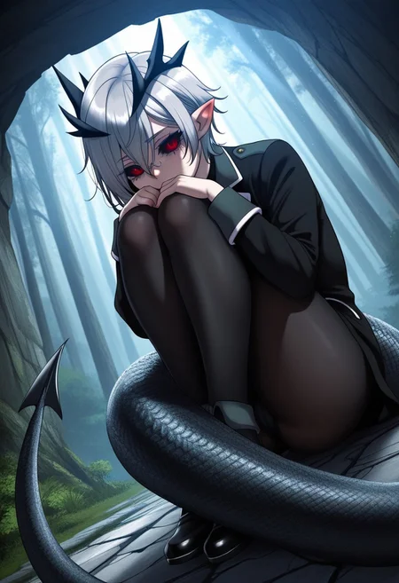 HDR, 8K, high contrast, masterpiece, best quality, amazing quality, very aesthetically pleasing, superabsurd res, high resolution, ultra-detailed, absurdres, latest, landscape, light rays, chiaroscuro, dynamic angle, Dutch angle, close-up, Sallos, 1 person, gray hair, short haircut, red eyes, narrow pupils, black sclera, cracks under the eyes, horns in the form of a crown, pointed ears, tail, scaly tail, scaly legs, BREAK, beautiful detailed eyes, detailed skin, detailed hair, volumetric lighting,